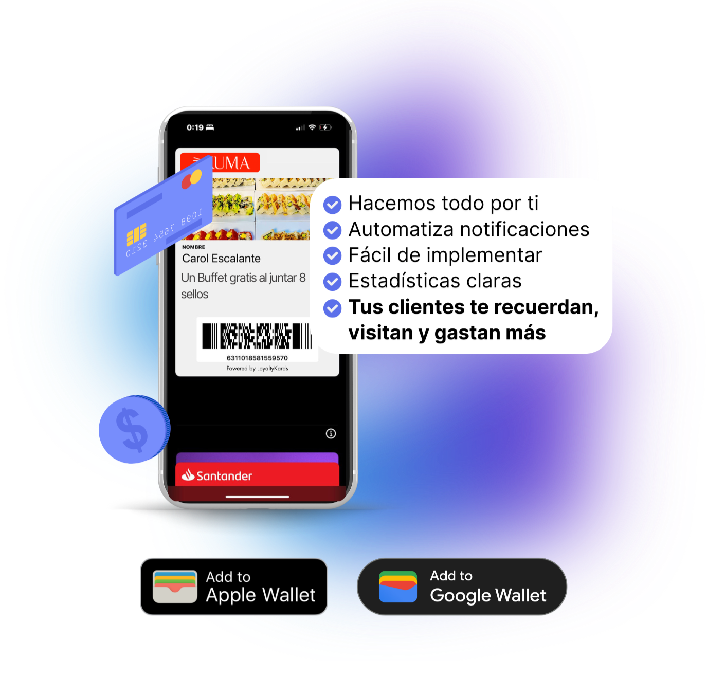 Imagen de un smartphone mostrando una tarjeta digital de lealtad de KUMA con beneficios y recompensas, compatible con Apple Wallet y Google Wallet. Incluye lista de ventajas como automatización de promociones, implementación sencilla y reportes automáticos