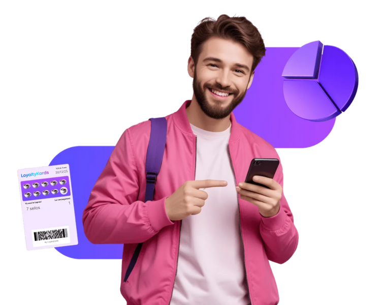 📲 Cliente feliz usando su tarjeta digital de lealtad LoyaltyKards Hombre sonriendo mientras usa su celular con una tarjeta digital de lealtad en pantalla, representando cómo LoyaltyKards ayuda a aumentar la fidelidad y el engagement de los clientes.